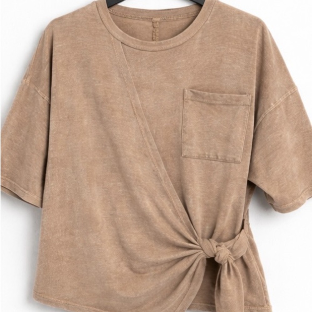 Tan Knot-Front Short Sleeve Top